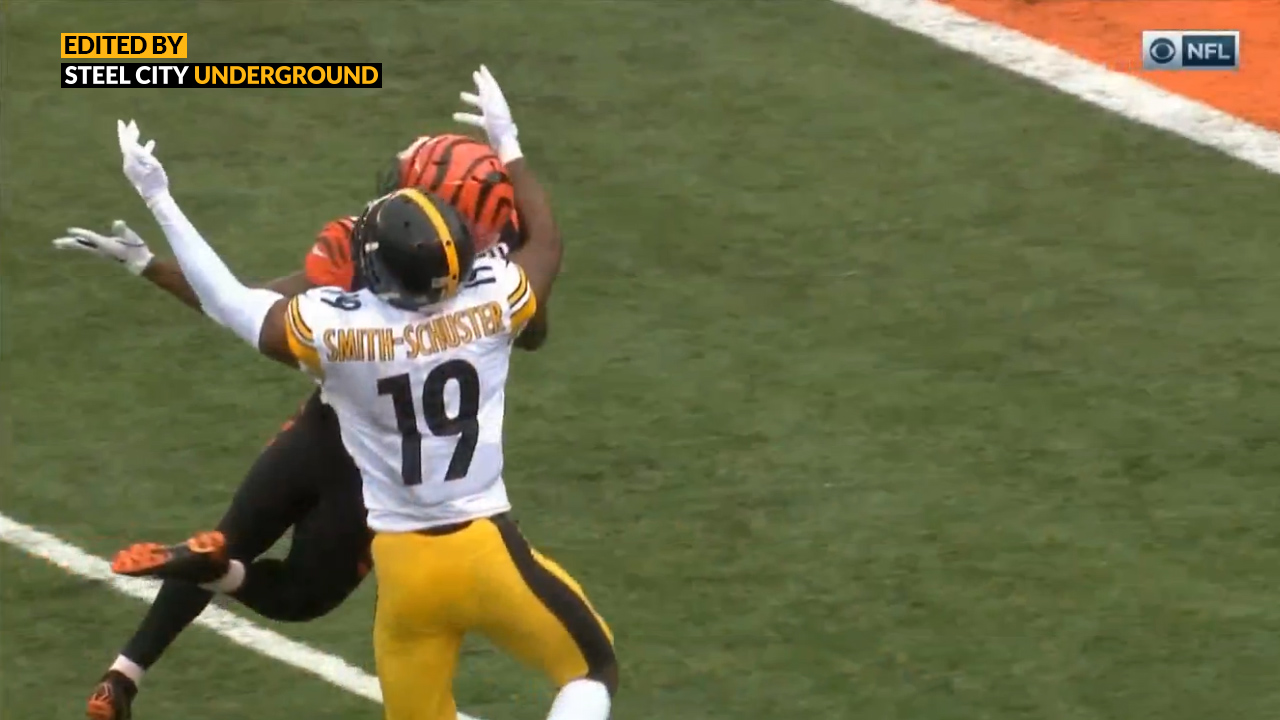 JuJu Smith-Schuster of the Pittsburgh Steelers stands over Vontaze