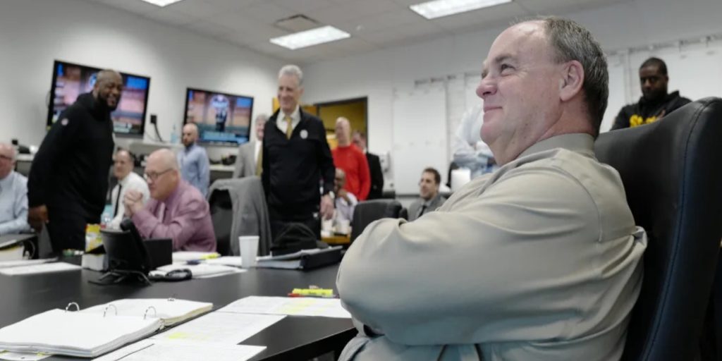 Pittsburgh Steelers GM Kevin Colbert watches the 2019 NFL Draft from the Steelers war room