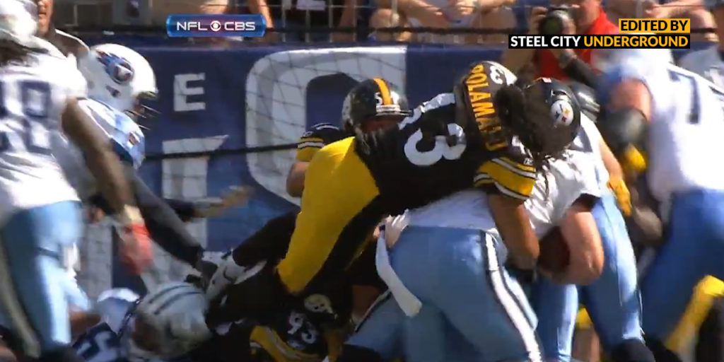 Troy Polamalu jumps snap count and stuffs Kerry Collins