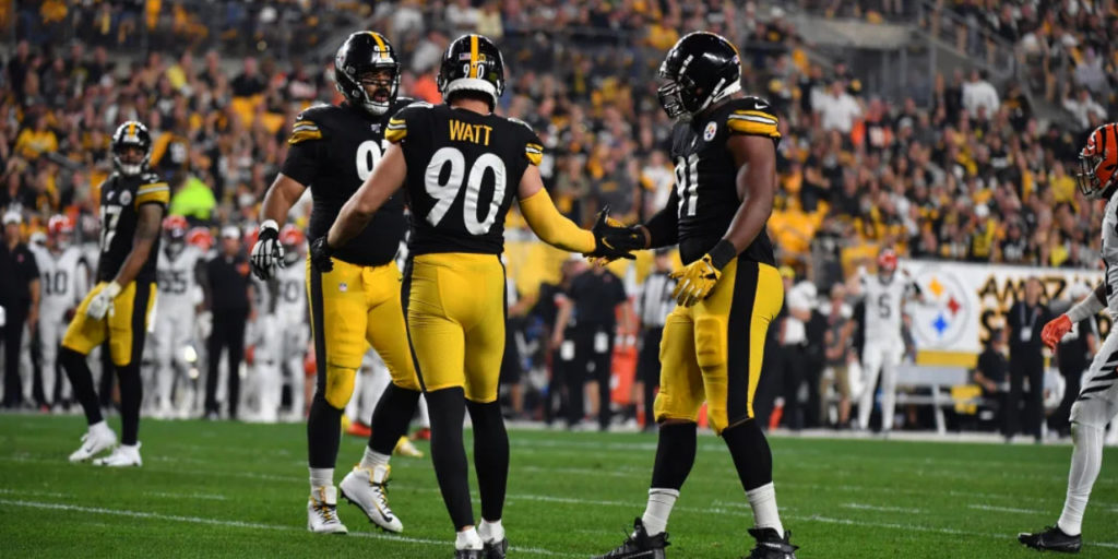 Pittsburgh Steelers linebacker T.J. Watt celebrates a sack with Cam Heyward and Stephon Tuitt against the Cincinnati Bengals in Week 4 of the 2019 NFL regular season