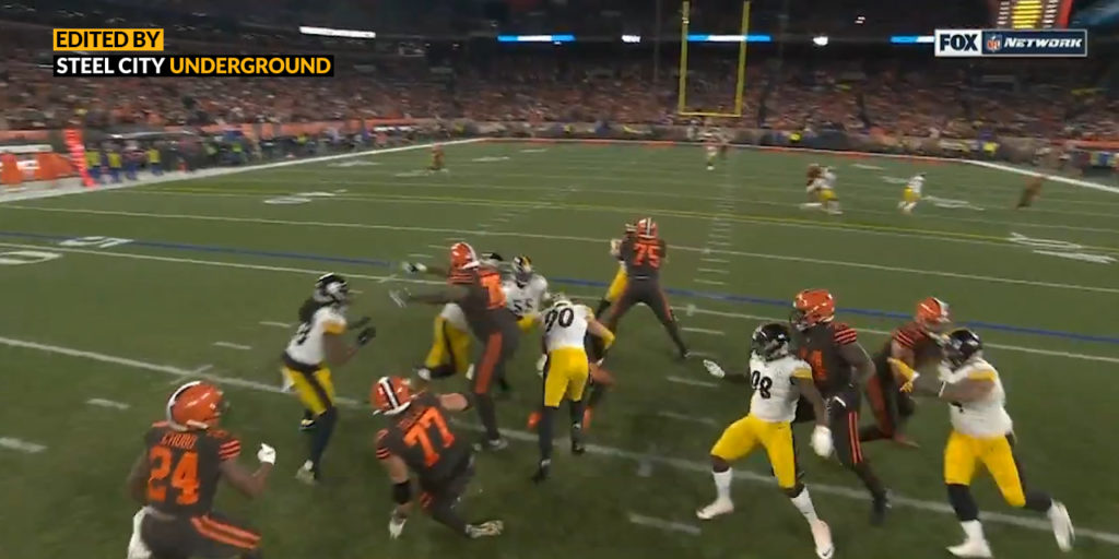 Pittsburgh Steelers LB T.J. Watt sacks Baker Mayfield`