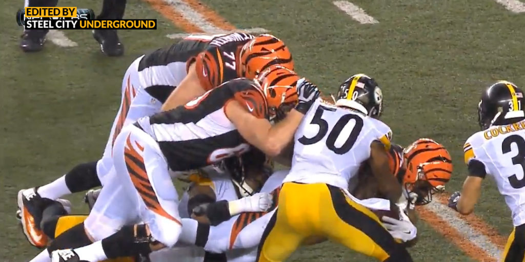 Pittsburgh Steelers LB Ryan Shazier strips Bengals RB Jeremy Hill