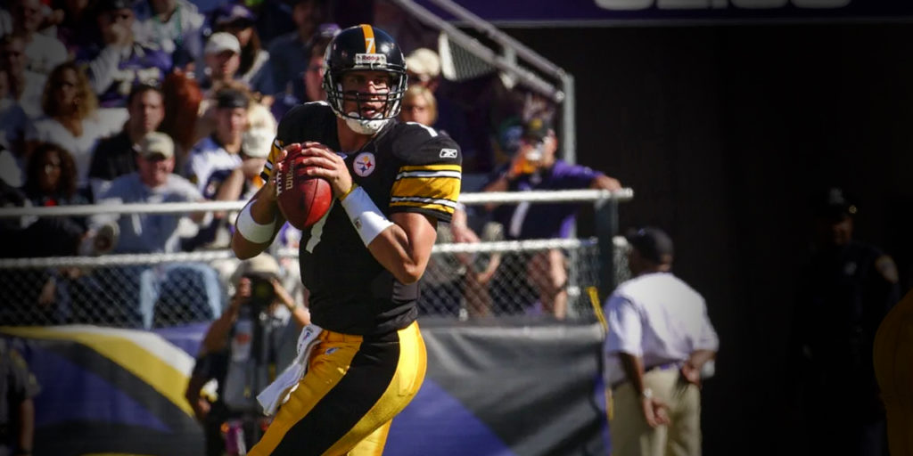 Pittsburgh Steelers quarterback Ben Roethlisberger enters his first NFL game in place of Tommy Maddox on September 19, 2004, versus the Baltimore Ravens