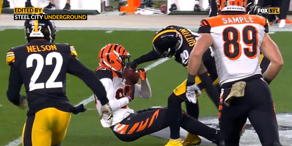 Watch: Cameron Sutton forces fumble with strong strip of Bengals WR Tee Higgins