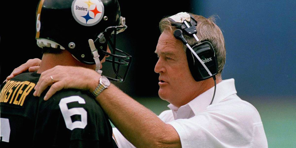 Bubby Brister and Chuck Noll of the Pittsburgh Steelers