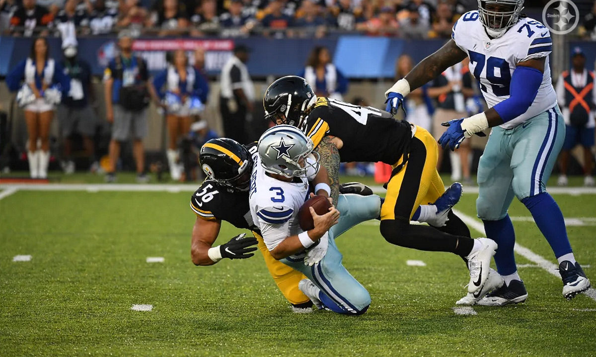 Alex Highsmith makes a sack for the Steelers in the 2021 Hall of Fame Game