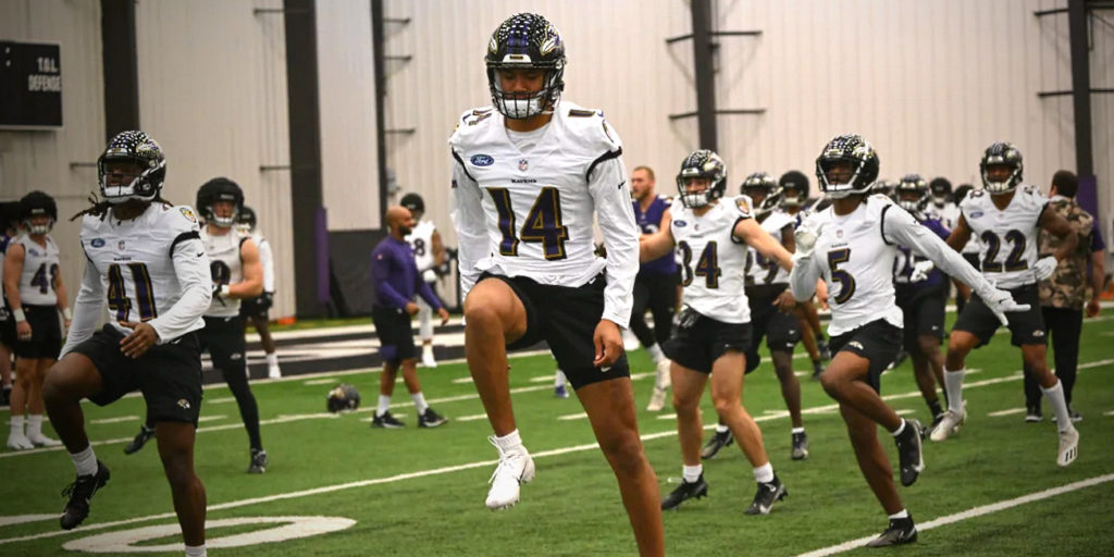 Kyle Hamilton (14) at Baltimore Ravens rookie minicamp