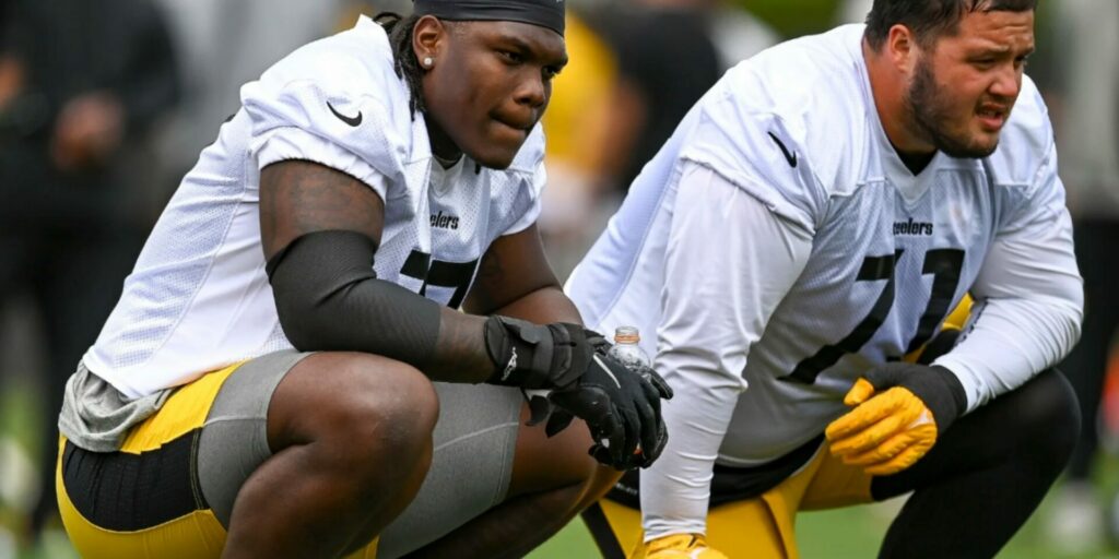 Broderick Jones and Nate Herbig of the Pittsburgh Steelers