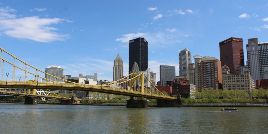 A view of the Pittsburgh skyline from the Three Rivers Trail